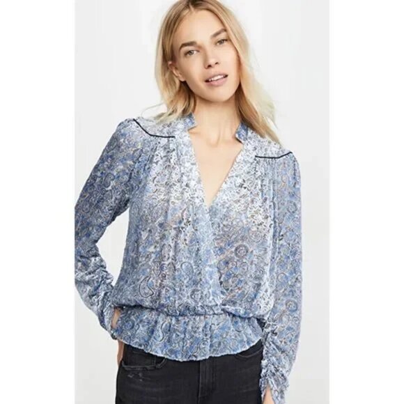 NWT Womens Zadig & Voltaire Blue Gray Silk Blend Tori Velour Devore Blou… - Picture 1 of 11